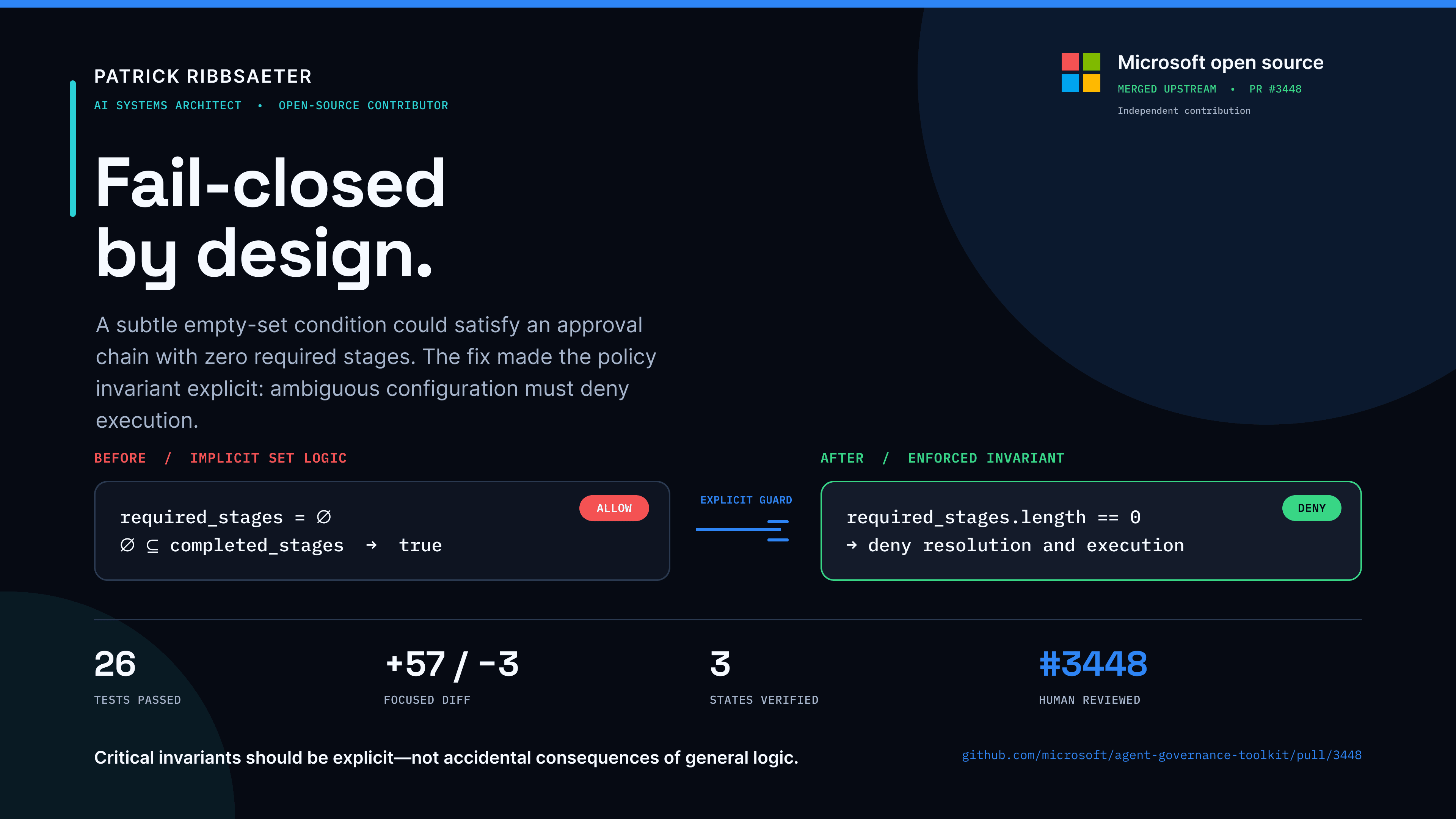 Patrick Ribbsaeter fail-closed by design technical case study for merged Microsoft pull request 3448