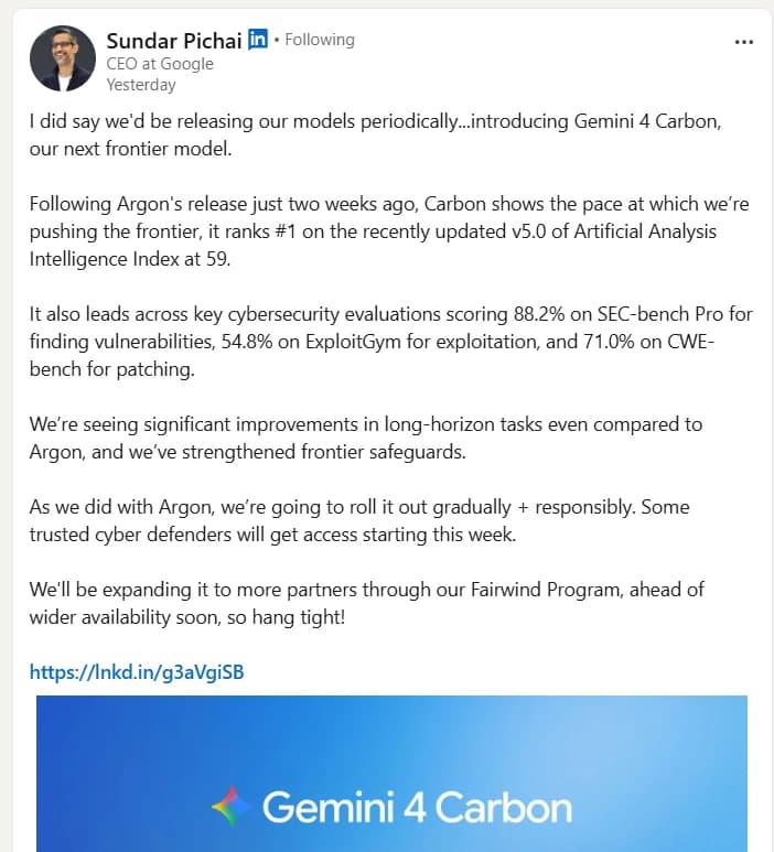 Sundar Pichai announces Gemini 4 Carbon with long-horizon benchmarks